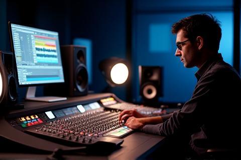 Audio engineer mixing sound for film