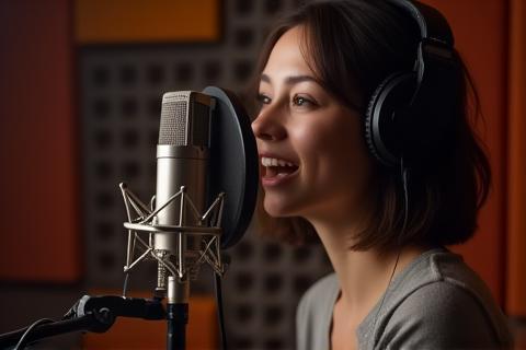 Person recording voiceover in a booth